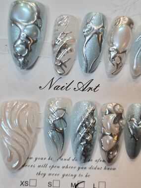 Nail Art Set — Iridescent Silver and Pearl Blue Decorative Tips